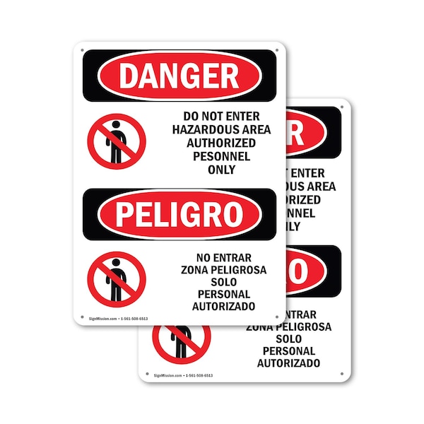 Signmission Do Not Enter Hazardous Area Bilingual Danger Sign, Plastic, 7in W x 10in L, 2PK OS-2PACK-DS-P-710-VS-1133 - main